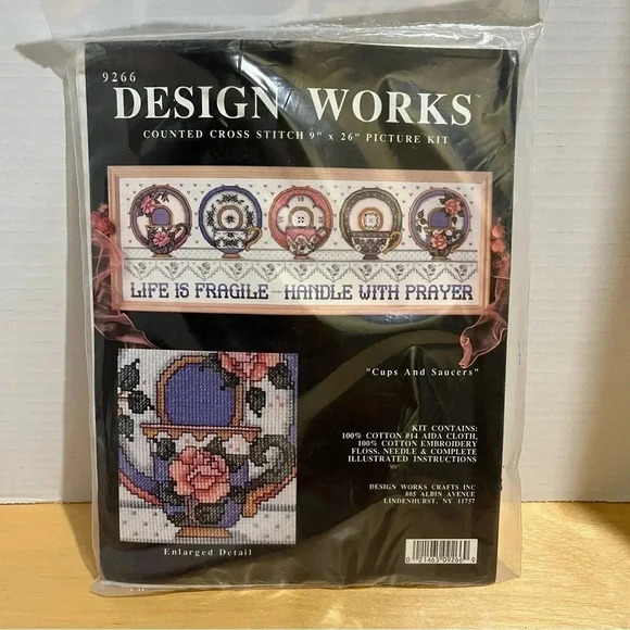 Design Works NEW Counted Cross Stitch Kit #9266 Cups and Saucers  9 x 26 inch - Picture 1 of 5